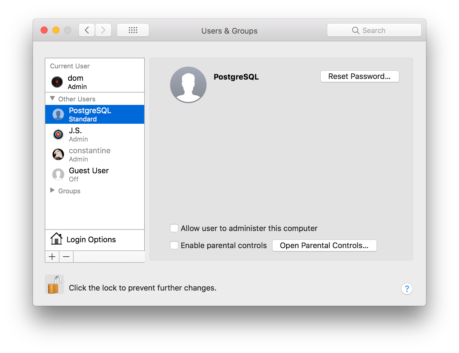 System Preferences window - users and groups - PostgreSQL user name