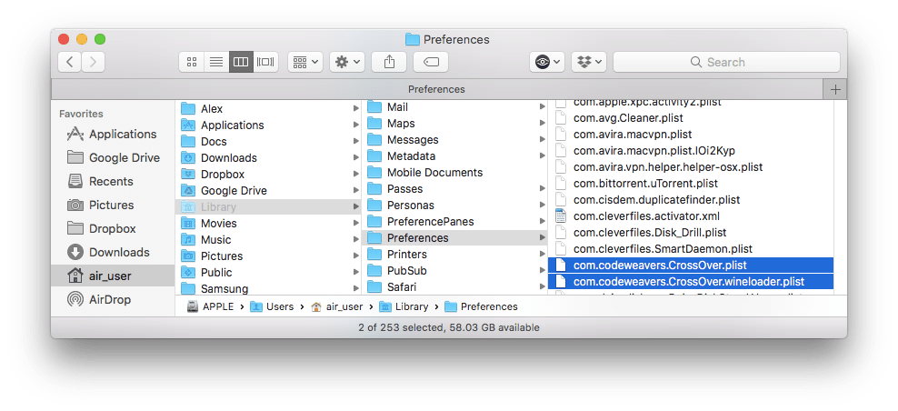 Crossover preferences files in Finder