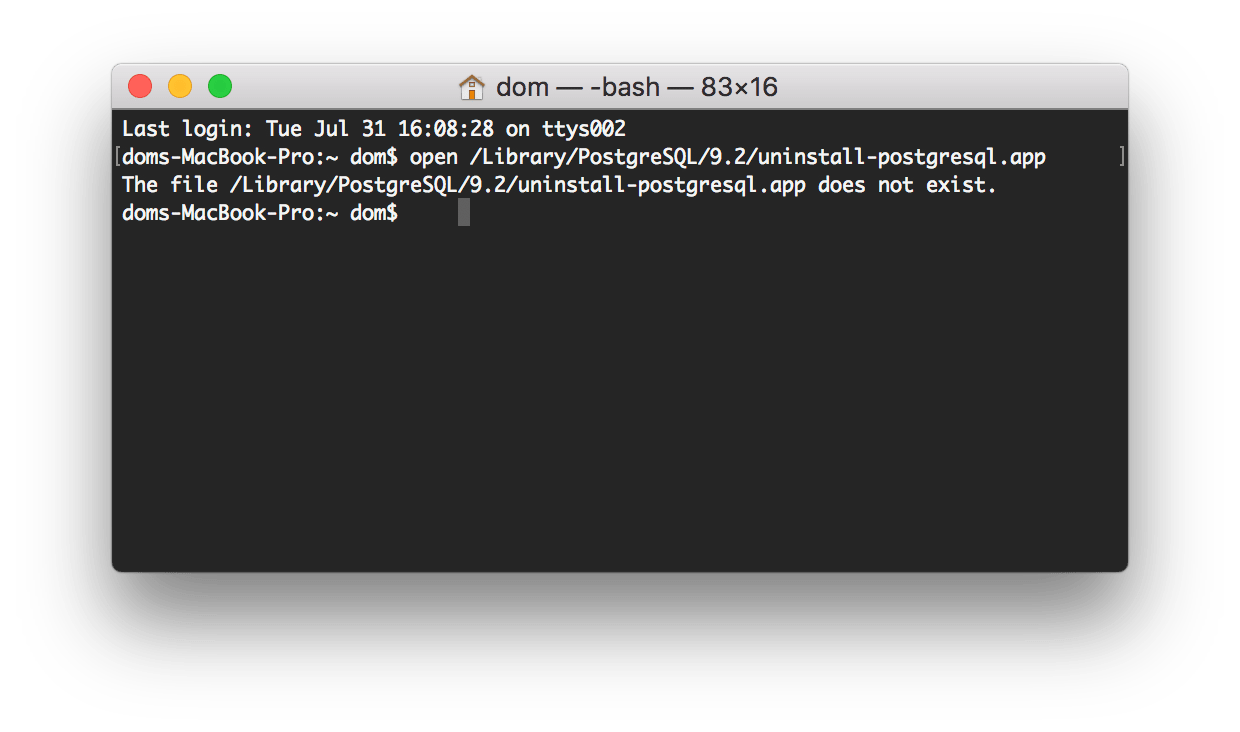 Terminal window showing a command for uninstalling PostgreSQL