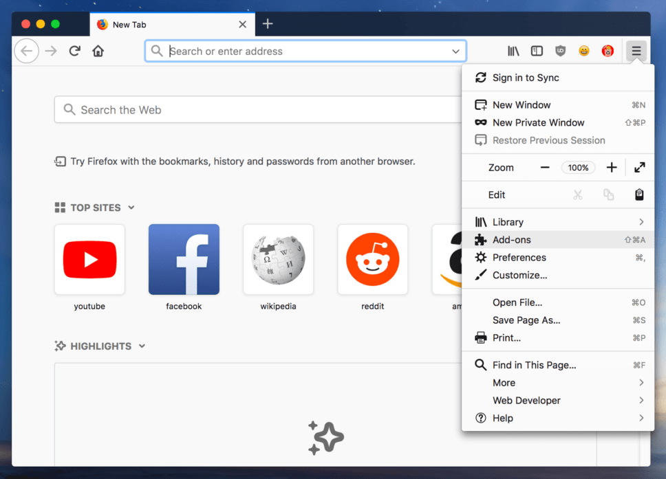 firefox browser showing setting menu