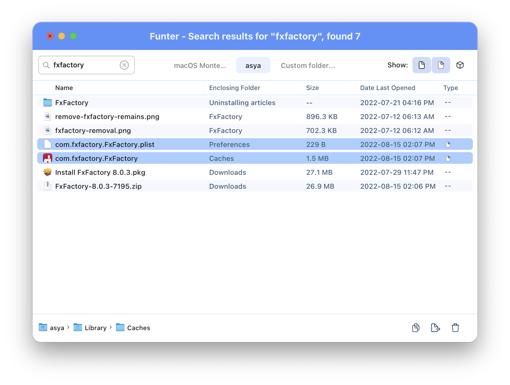 Finder window showing FxFactory Application Support folder