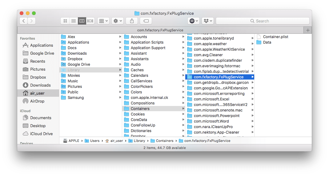 Finder window showing FxFactory Containers folder