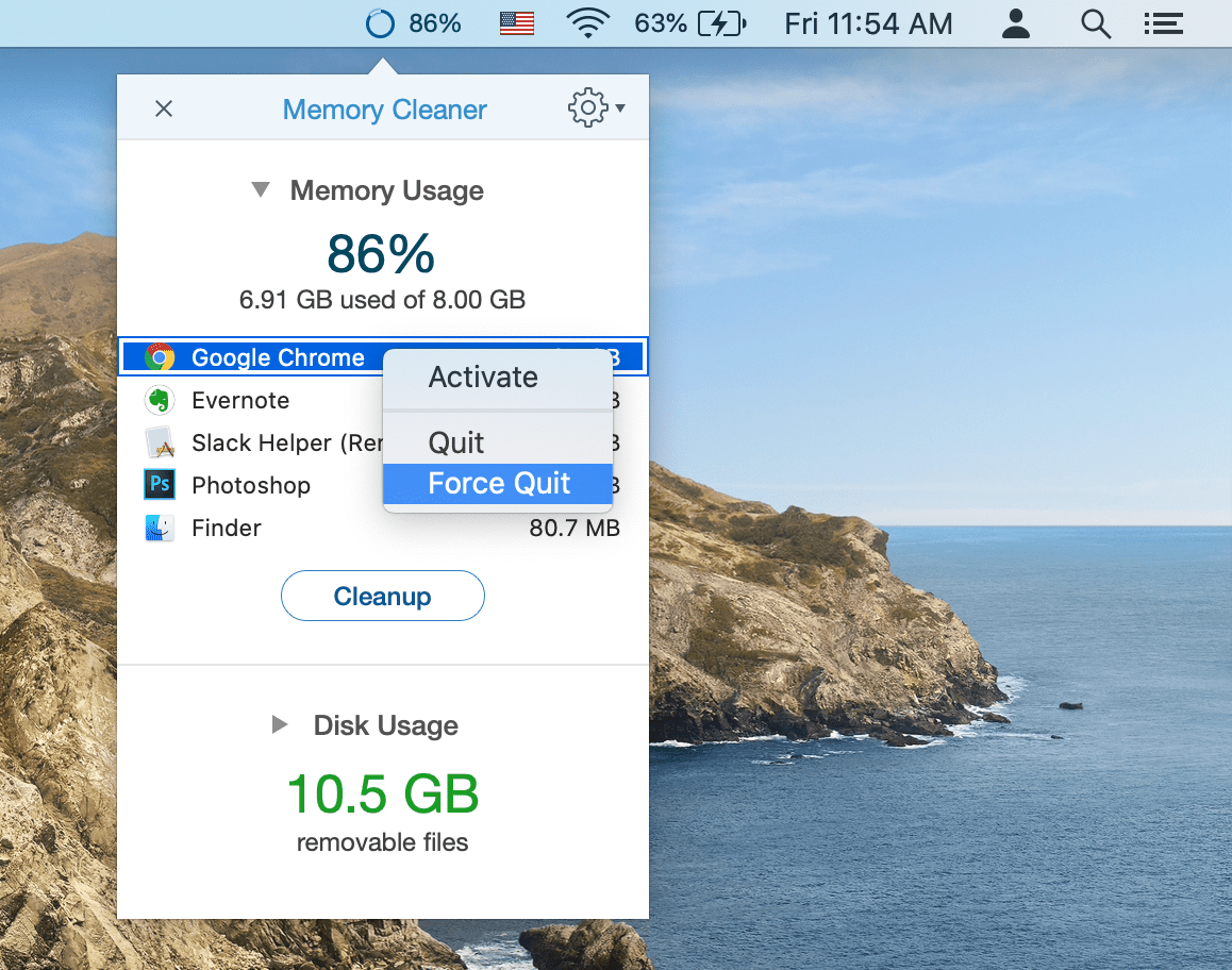 Force quit apps using Memory Cleaner