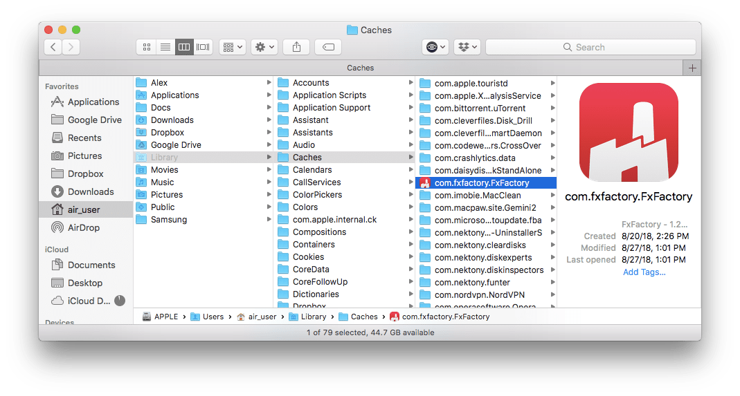 Finder window showing FxFactory caches 