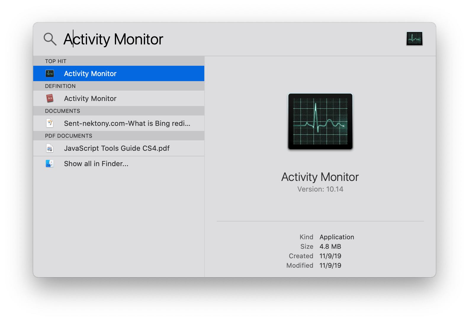 Find Activity monitor in Spotlight