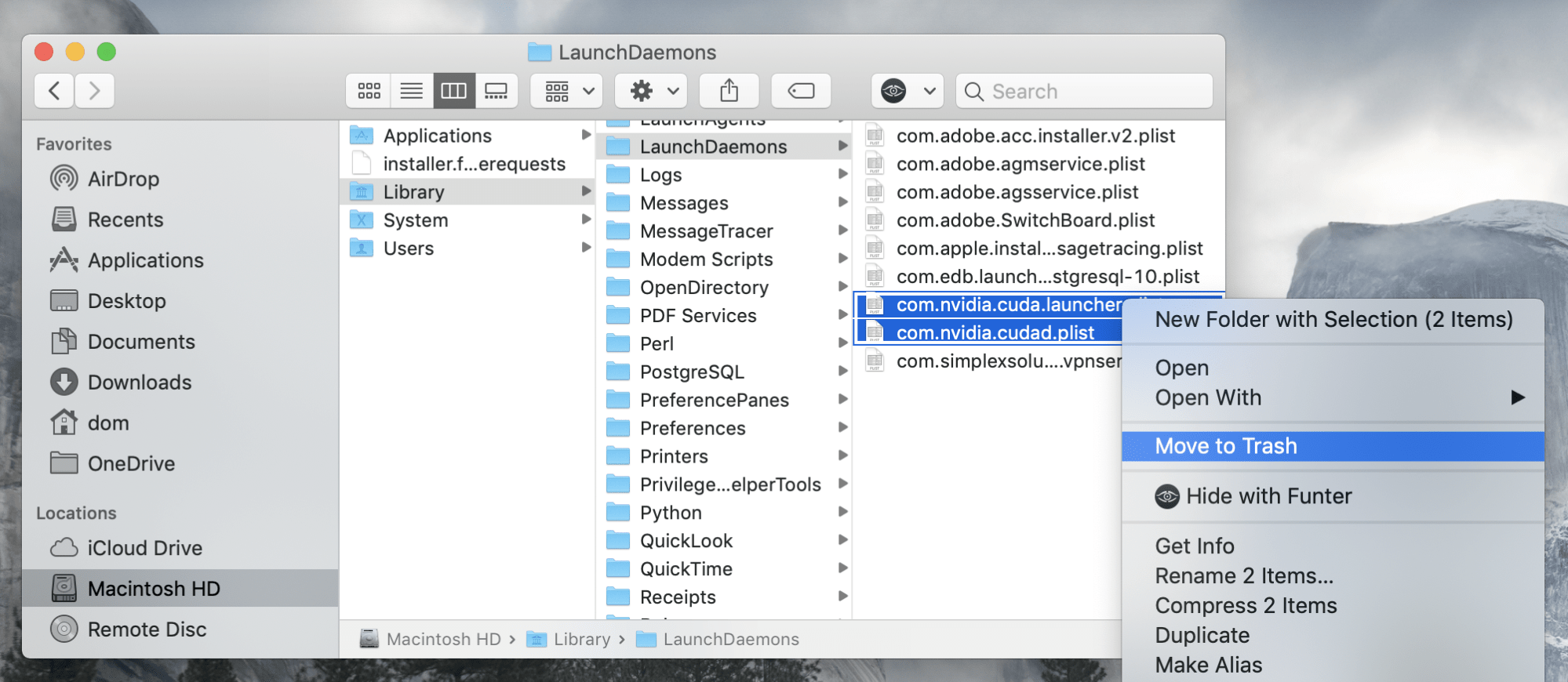 Finder window - Removing CUDA LaunchDaemons files