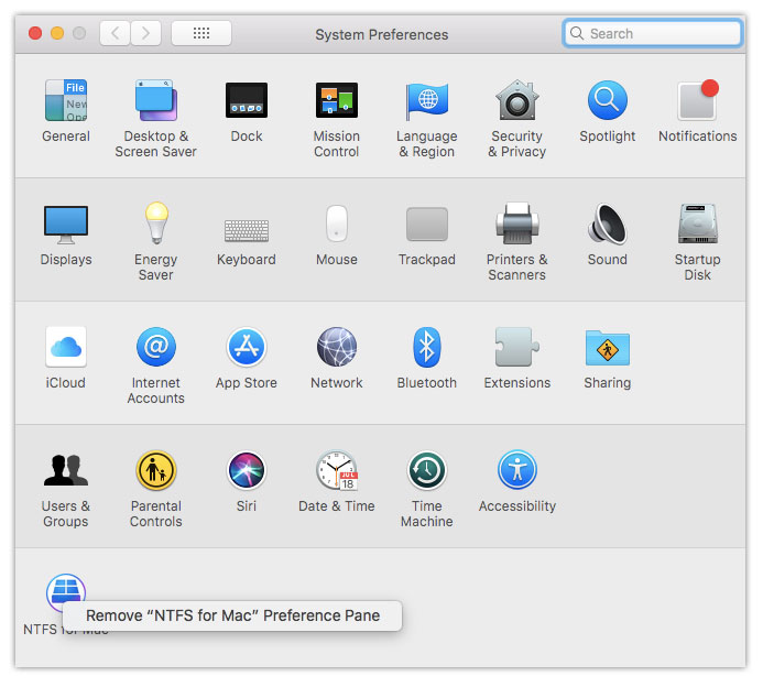 System preferences window - paragon ntfs icon in the preferance panes section at the bottom