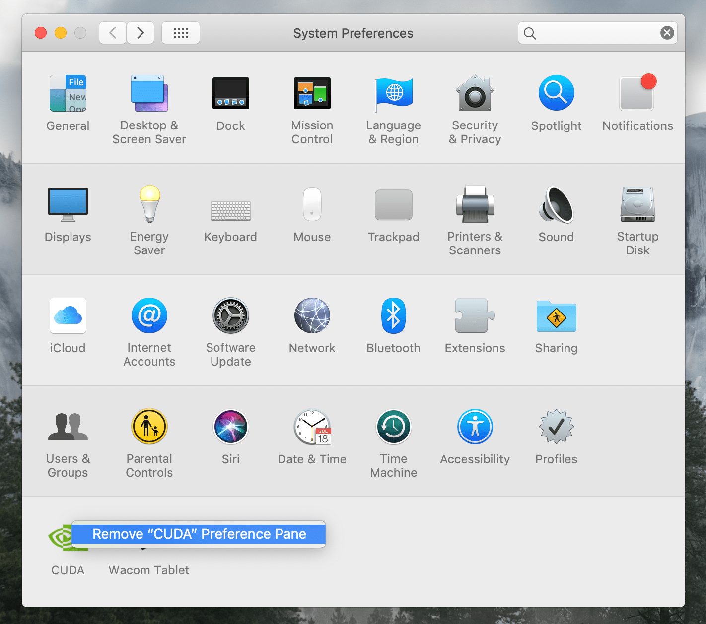 Selecting Remove CUDA Preferences Pane option in System Preferences window