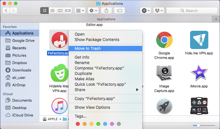 Move to Trash context menu command selected for FxFactory application in Finder