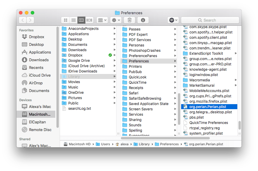 Remove Perian Preference Pane button highlighted in System Preferences window
