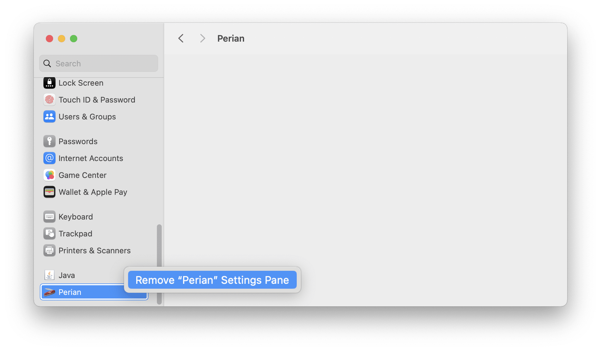 Removing Perian in System Settings window on Mac