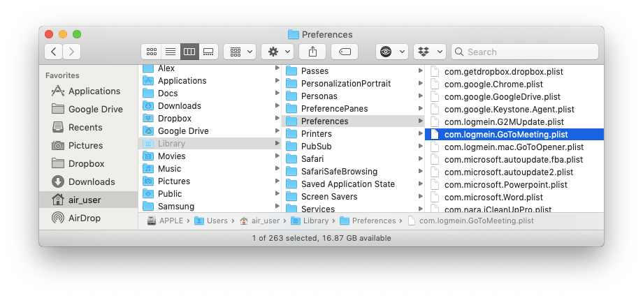 Gotomeeting application preferences file in Finder