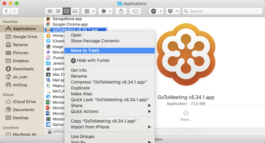 Move to Trash popup menu command is selected for GoToMeeting application