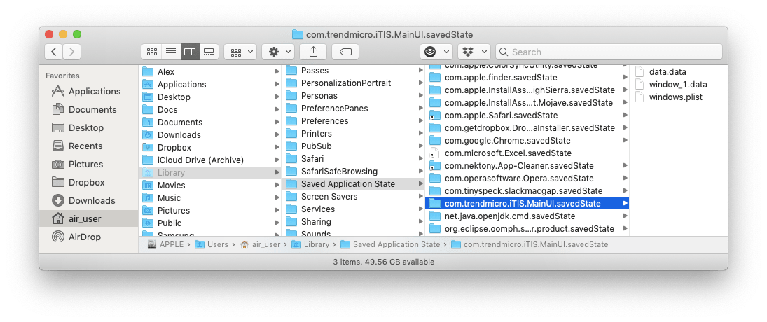 Finder window showing Trend Micro Saved Application State files