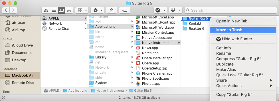 Move to Trash popup menu command is selected for Guitar at Native Instruments