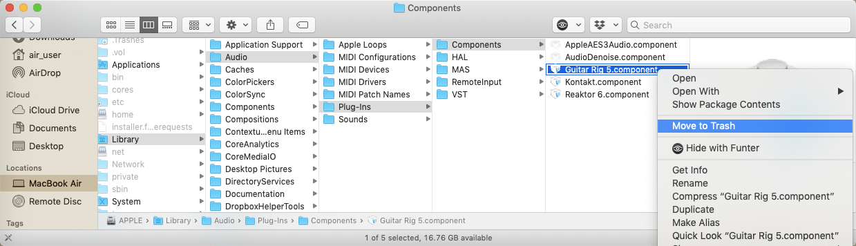Move to Trash Native Instruments audio components file in Finder