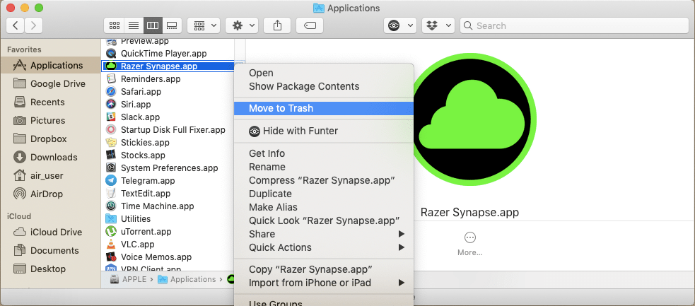 Move to Trash command for Razer Synapse in Finder context menu