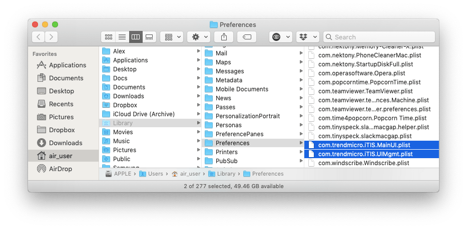 Finder window showing Trend Micro Preferences files