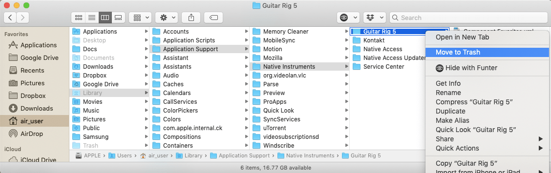 Move to Trash Native Instruments application preferences file in Finder