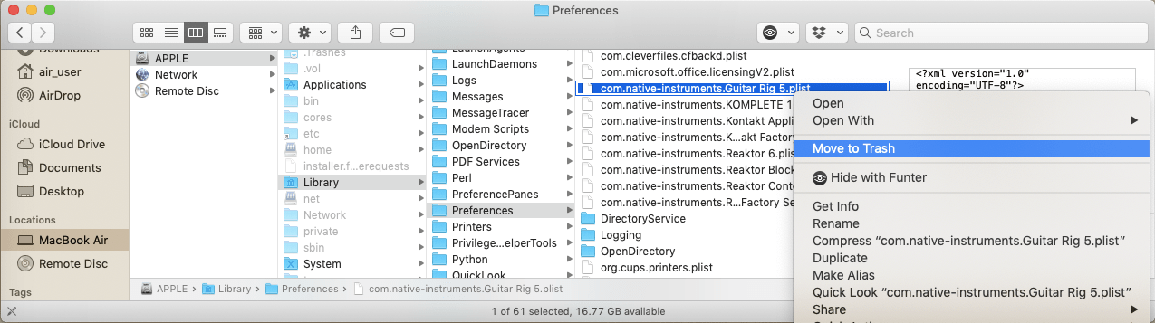 Move to Trash Native Instruments application preferences file in Finder