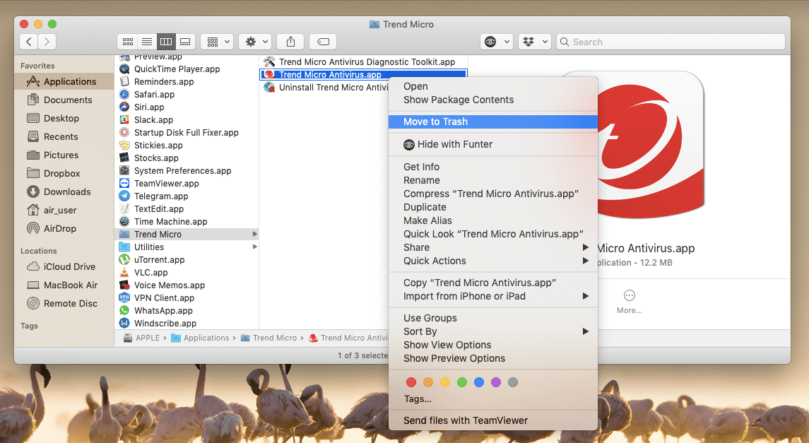 Move to Trash context menu command selected for Trend Micro app in Finder