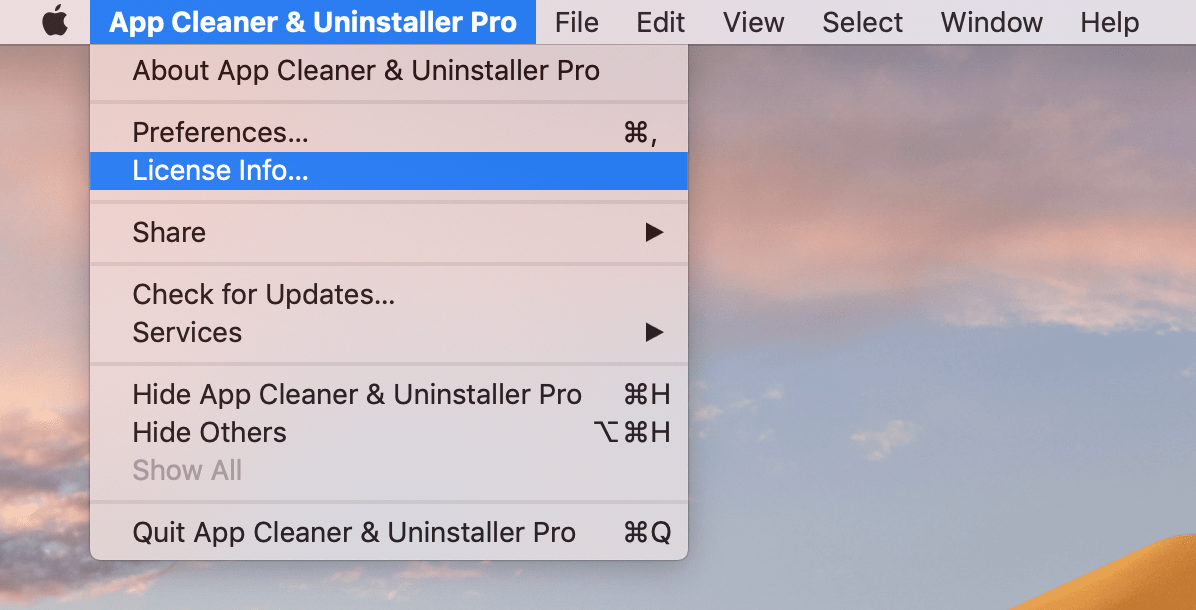 app cleaner uninstaller menu with license info command selected
