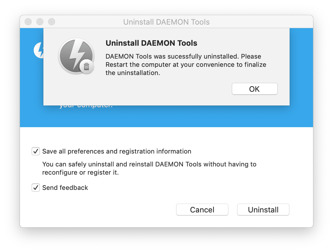 Notification that DAEMON Tools was successfully uninstalled