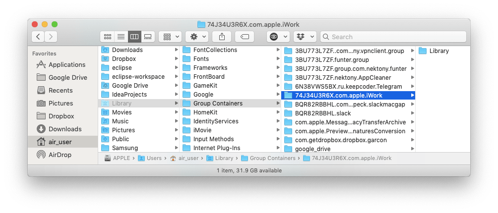 Pages group container service folder in Finder