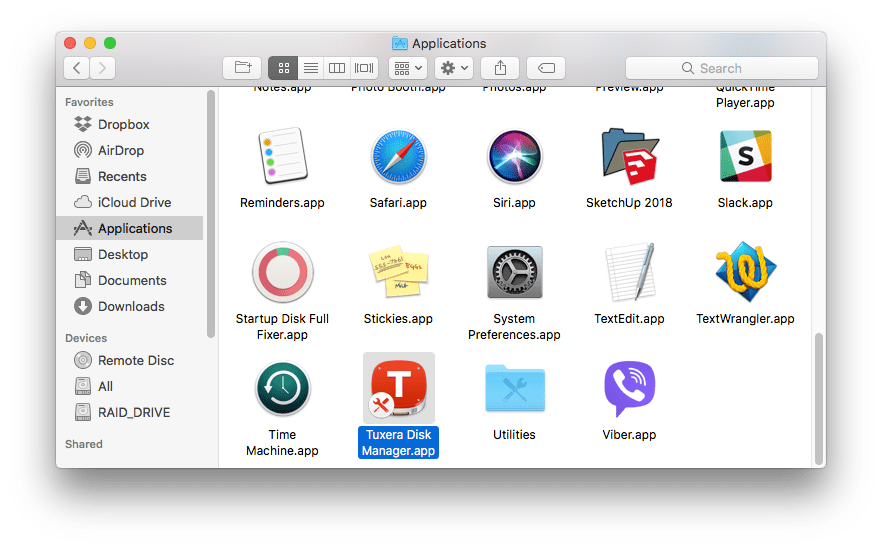 Tuxera Disk Manager application in Finder