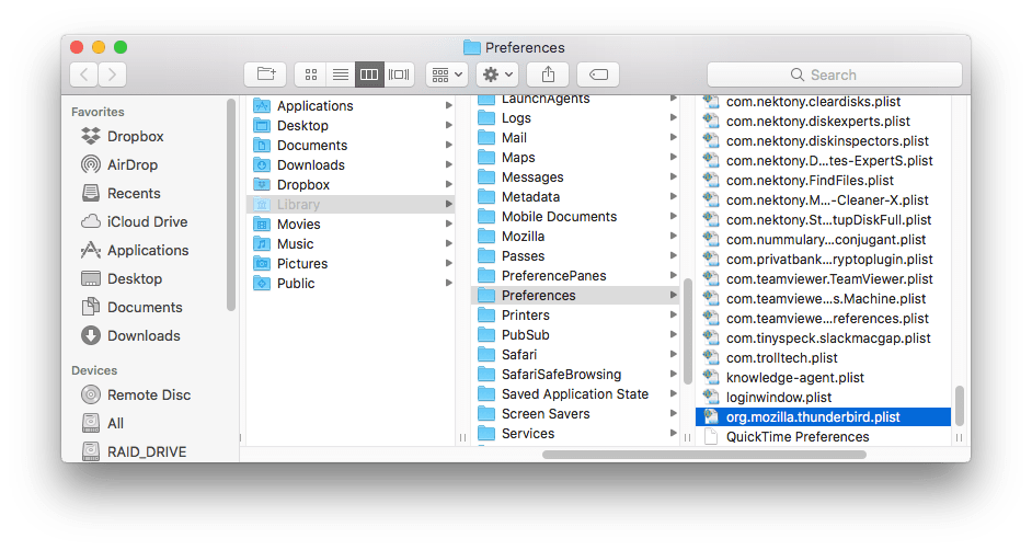 Thunderbird Preferences files displated in Finder window