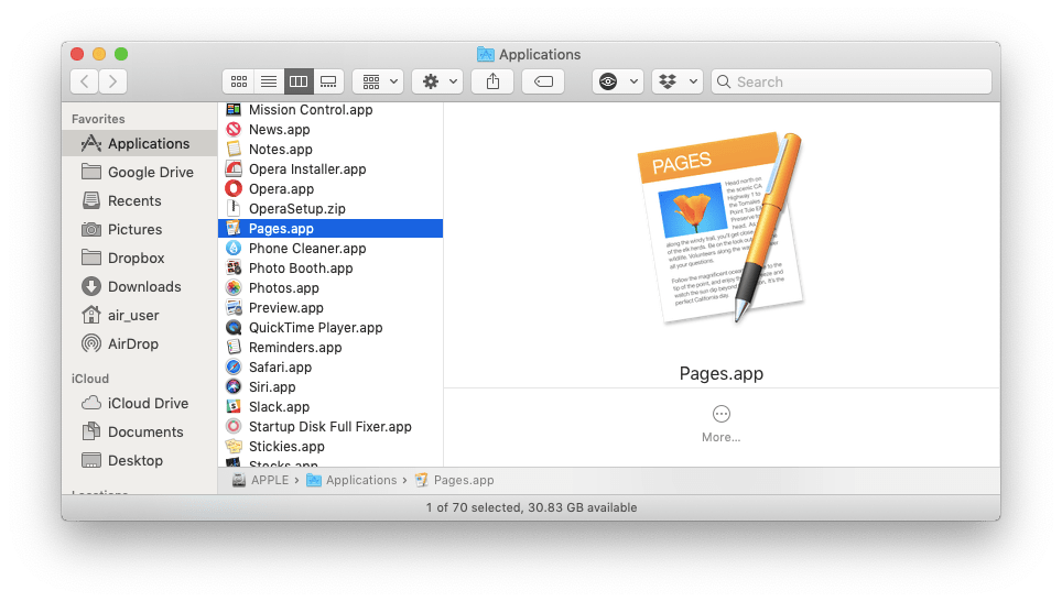 Pages in the Finder Applications folder selected