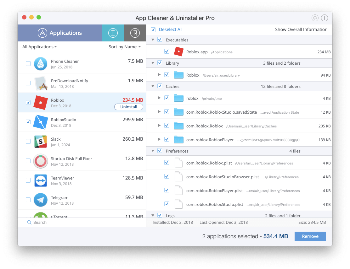 Uninstall Roblox On Mac - select roblox and roblox studios from the list in the applications tab all their service files will be selected automatically click the remove button in