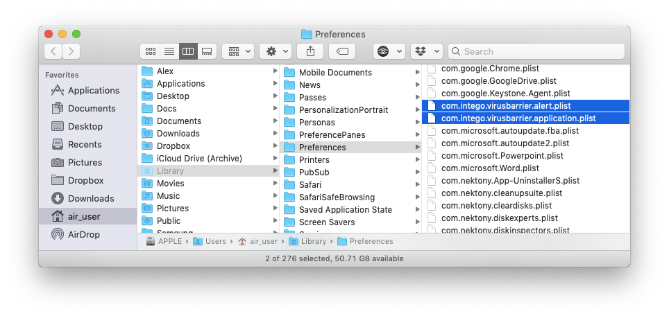 intego cache files in Finder