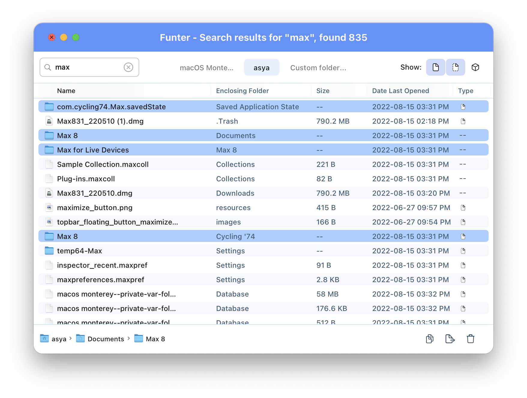 Funter app showing Mac Cycling files