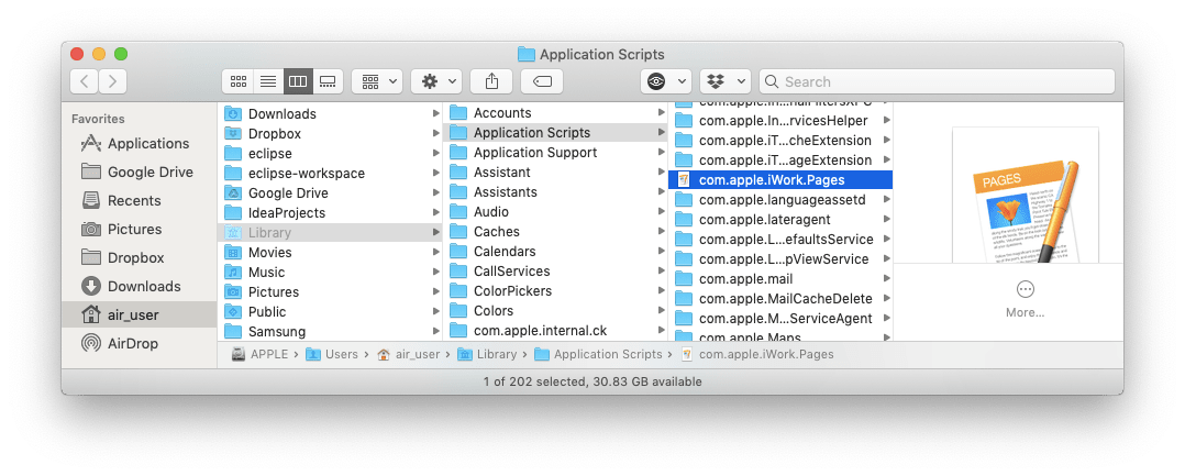 Pages application scripts folder is displayed in Finder window
