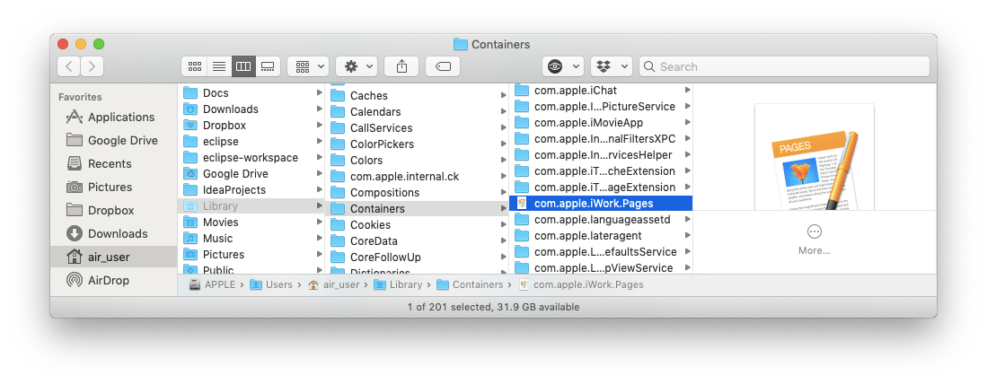 Pages container service folder in Finder