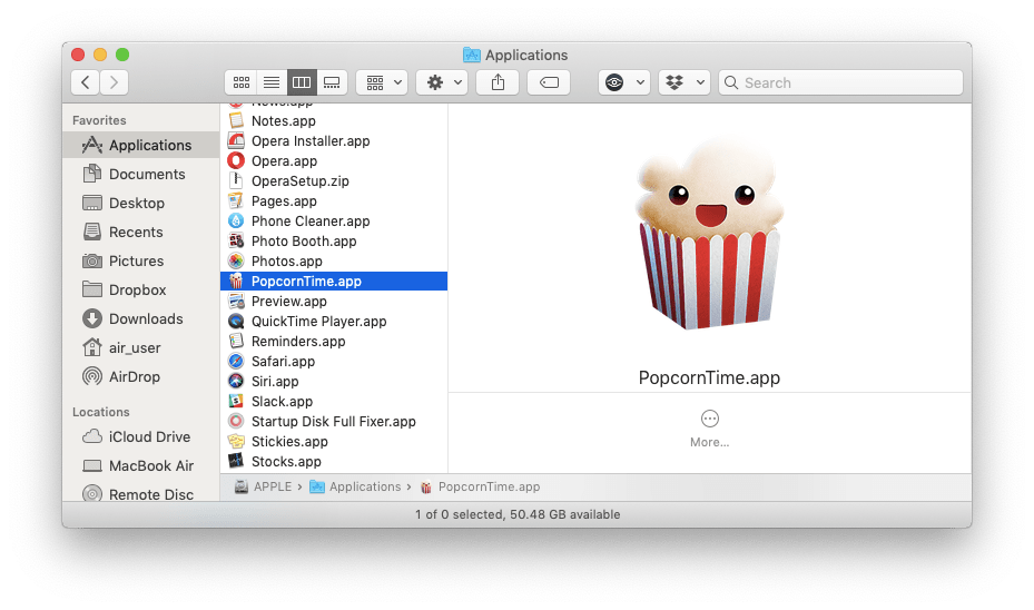Finder window-Popcorn app in Applications folder
