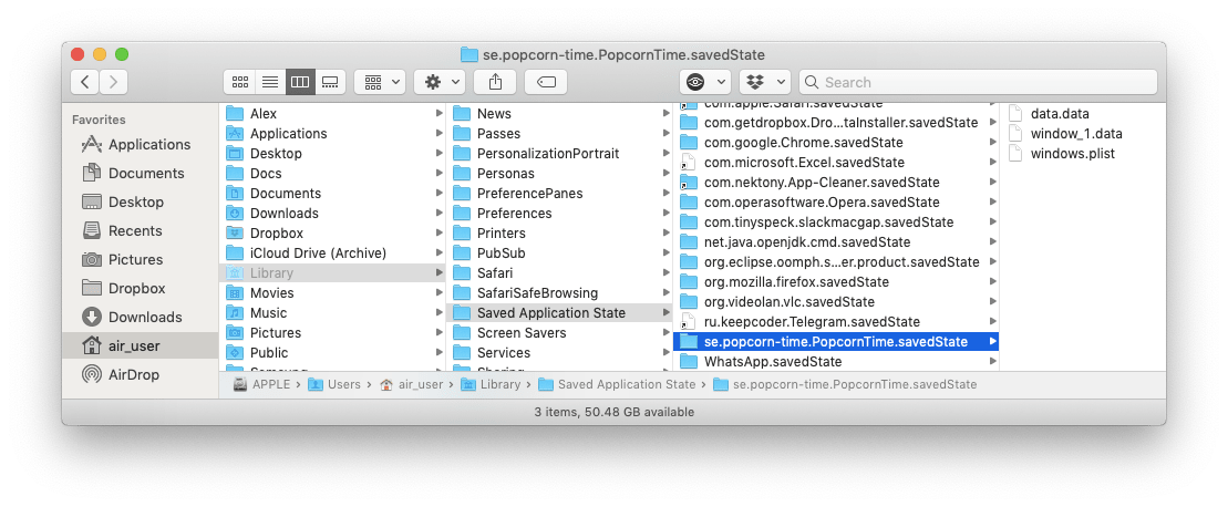 Finder window showing Popcorn Time support files in Saved App State folder