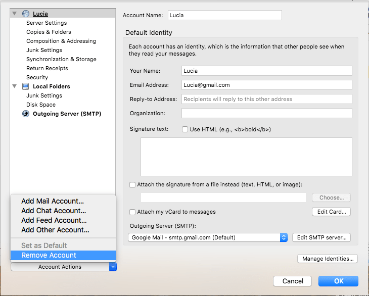 The Remove Account command selected in Thunderbird Accounts Setting window