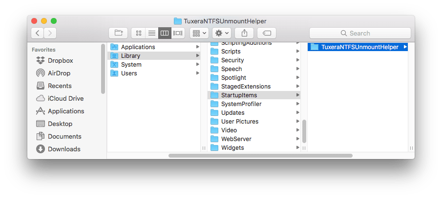 Finder window showing TuxeraNTFSUnmountHelper folder