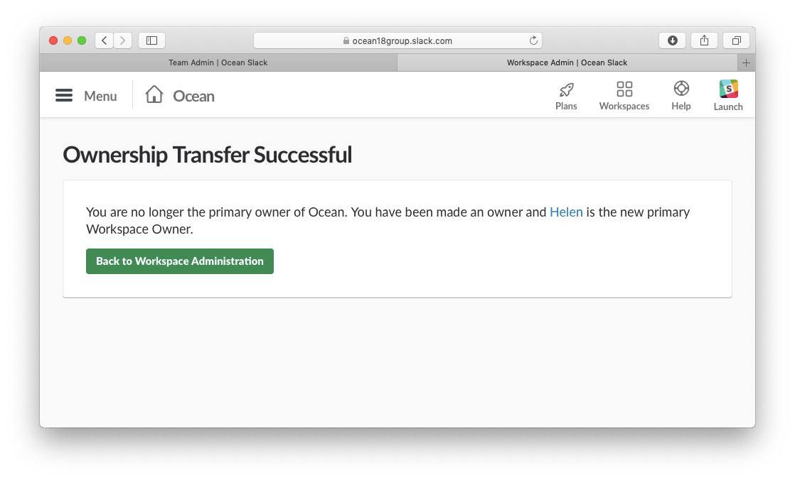 slack window showing successful transfer of ownership
