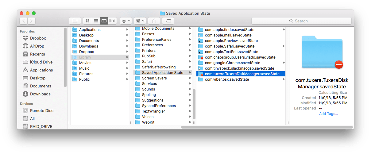 Finder window showing content of Saved Application State folder