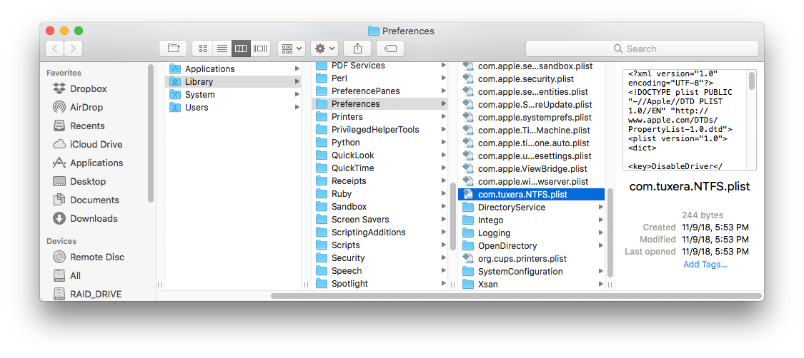 Finder window showing Tuxera Preferences file