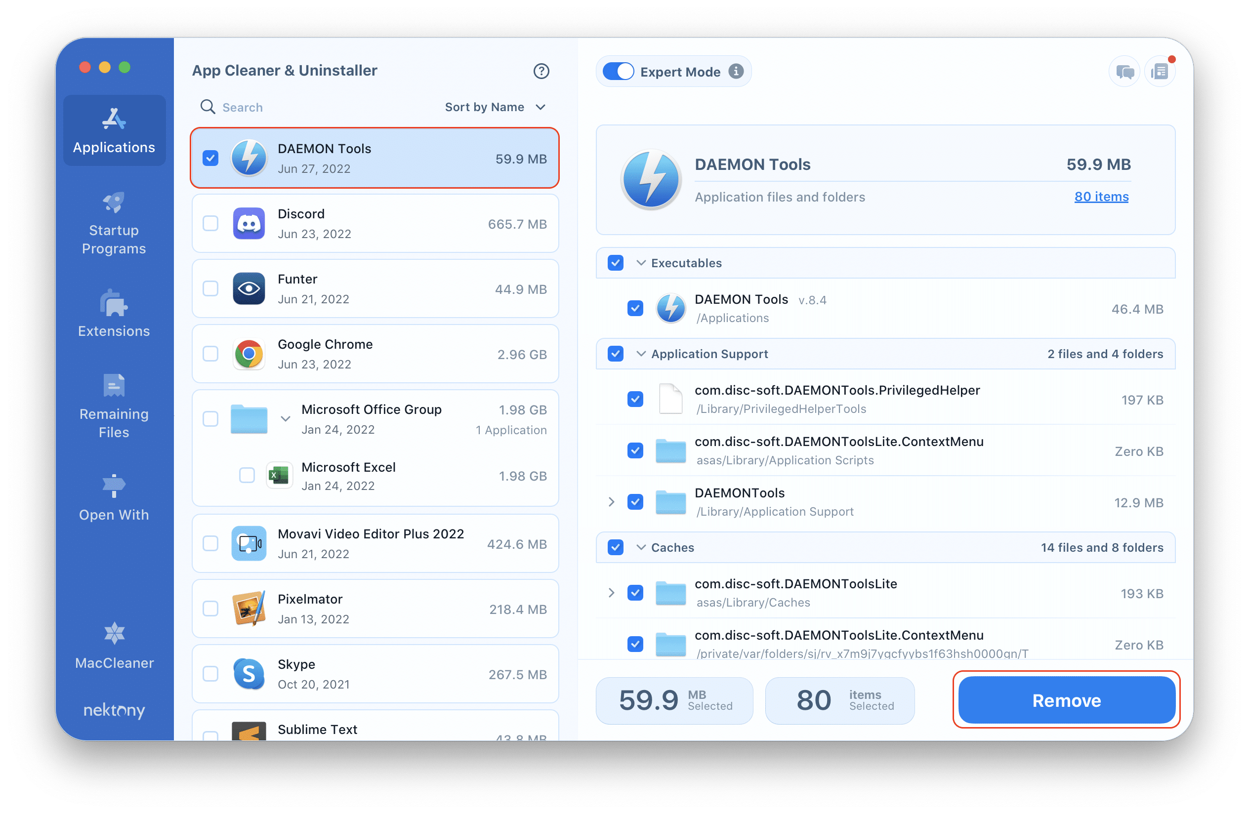 Daemon Tools selected for removal in App Cleaner & Uninstaller window