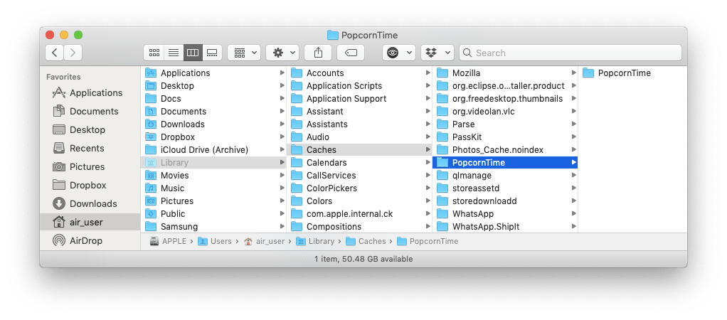 Finder window showing Popcorn Time caches