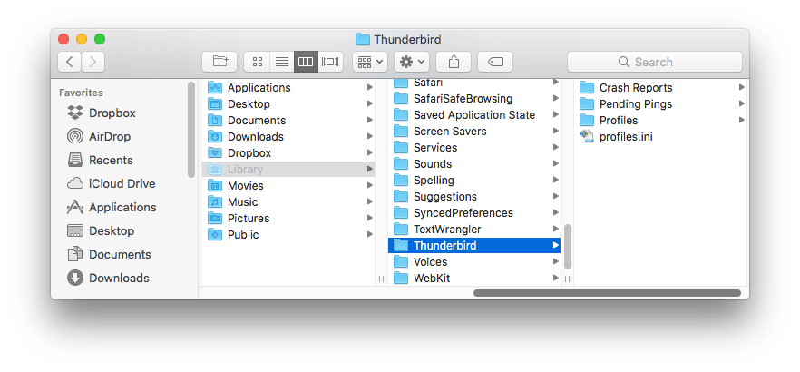 Thunderbird service files displayed in Finder window