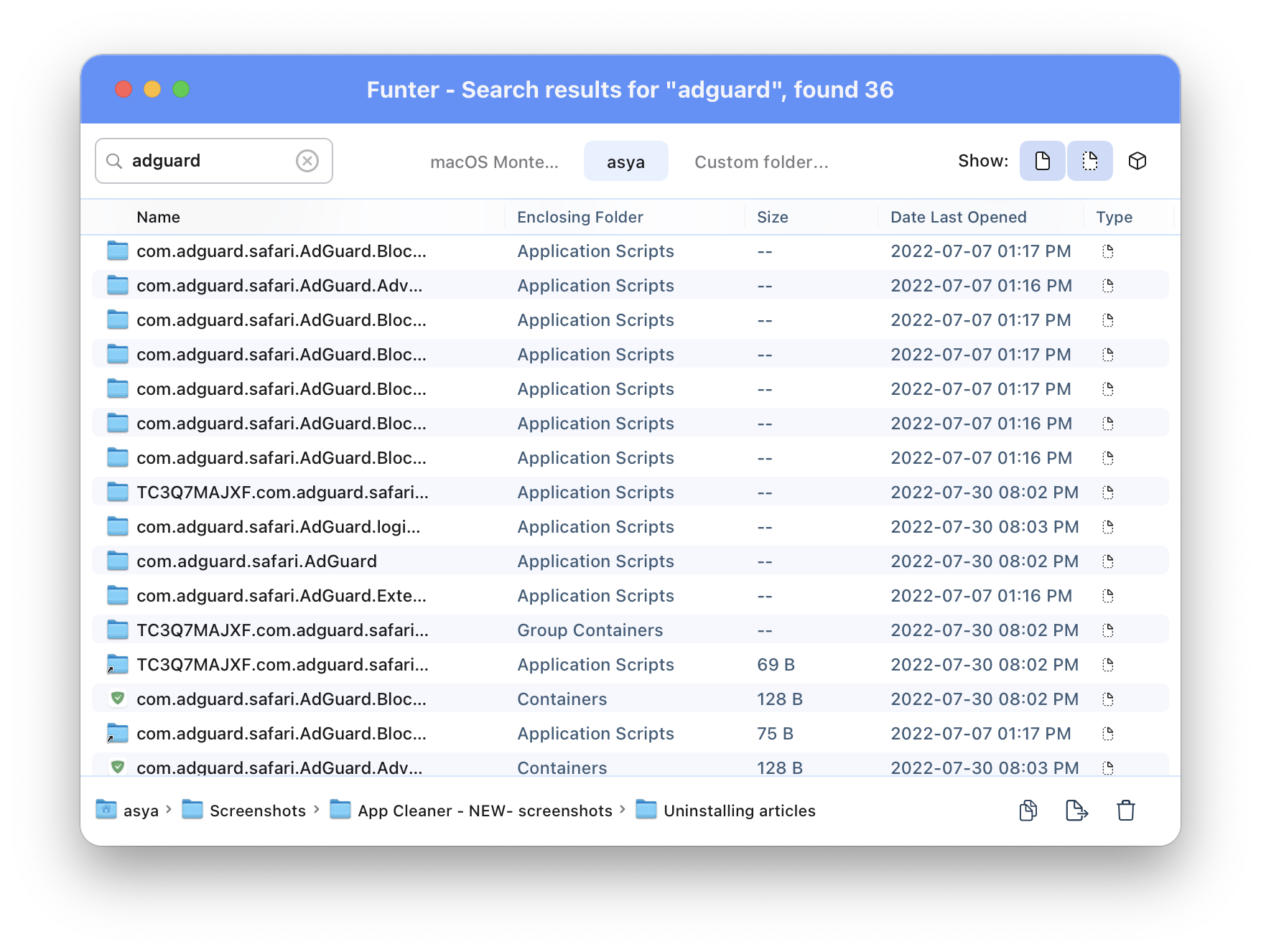 Funter app showing AdGuard files