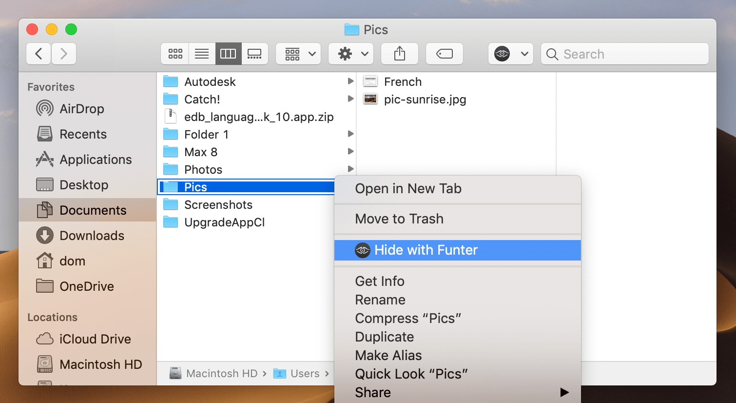 Hide with Funter context menu command selected for folder