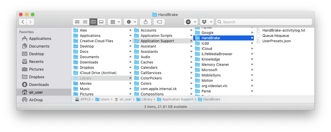 handbrake app support files in Finder