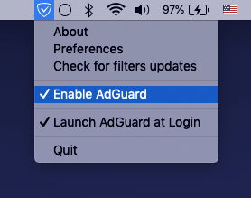 adguard adblocker extension menu with disabled status